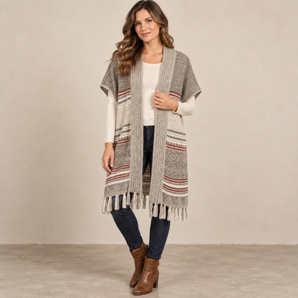 Fresh Women's L Geometric Knit Cardigan Vest Open Front Fringe Boho
